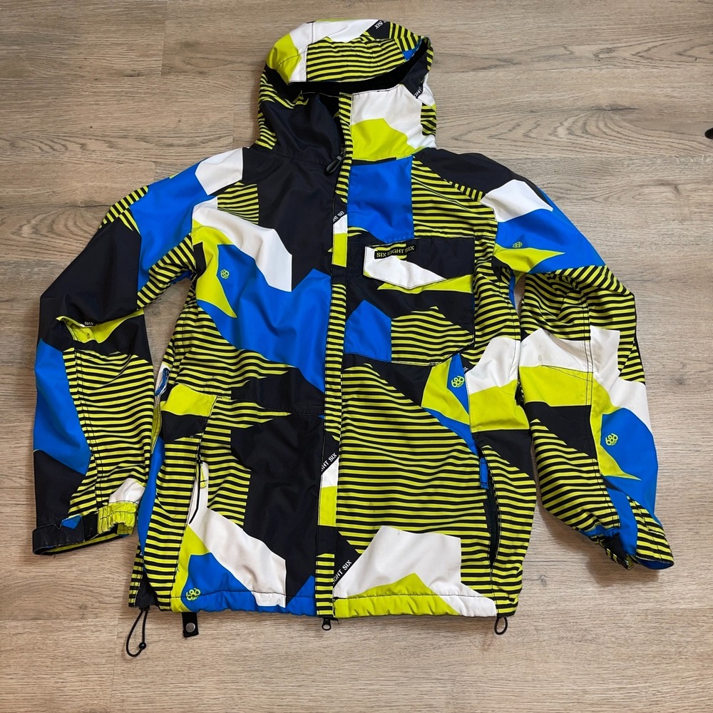 686 Six Eight Six Mens M Ski Snowboard Jacket infiDRY Waterproof Blue Yellow Geo